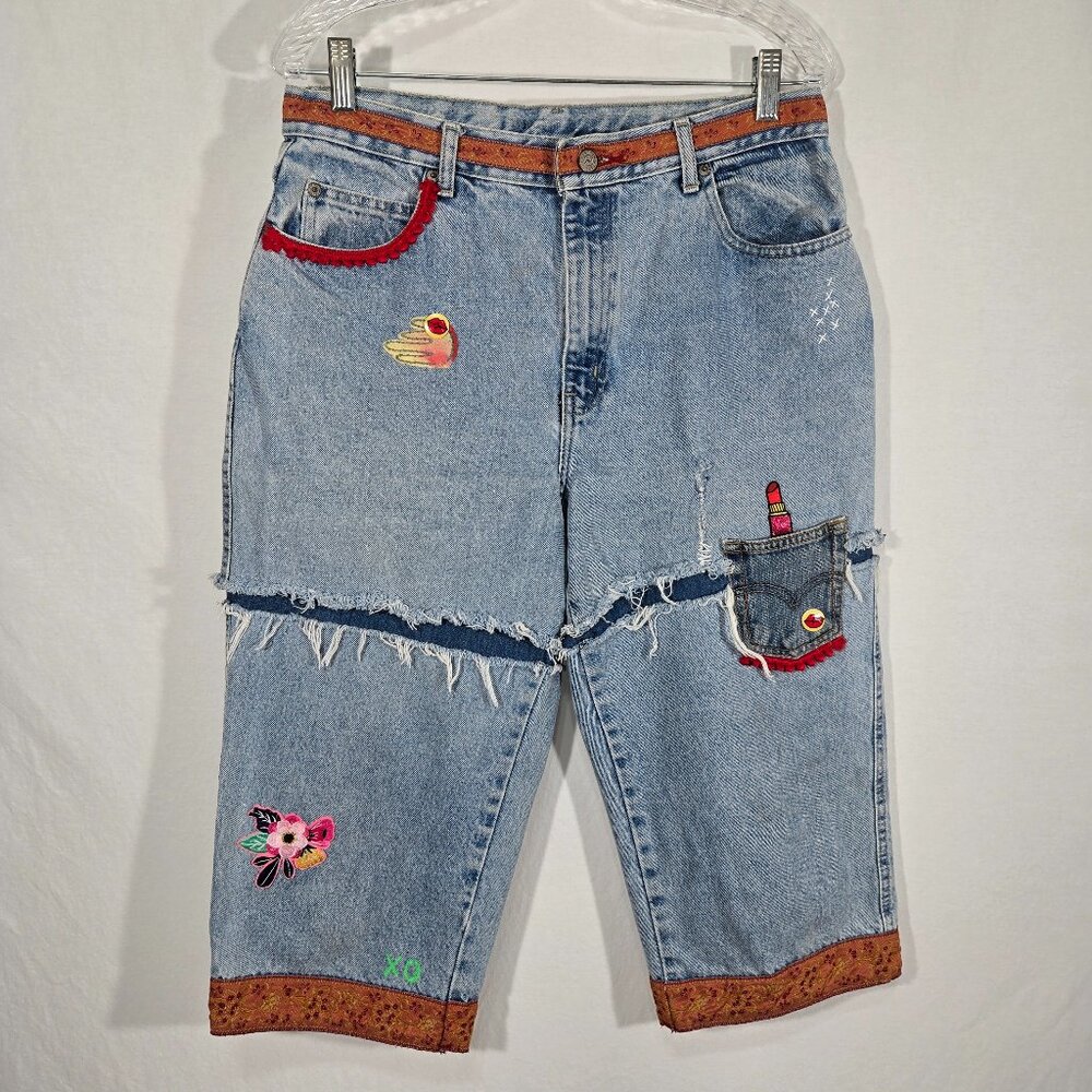 VINTAGE Handmade UPCYCLE Patchwork Super Girly BOHO Baggy CAPRI Jeans Size 12.